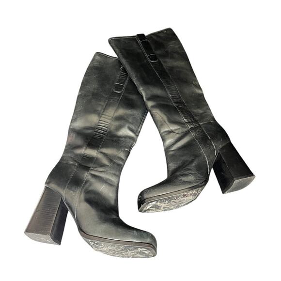 Free People Gogo Boots Black Leather Rave Festival Chunky Heel Knee High Size 10 - Picture 1 of 11